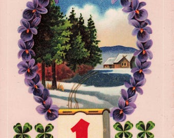 New Year Greetings Postcard Winter Scene Horseshoe of Violets  About 1910