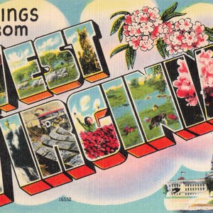 Grande carte postale de Virginie-Occidentale à plusieurs vues, vers les années 40