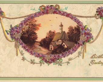 Birthday Greetings Postcard Church Scene with Violets Gold Trim About 1910