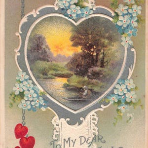 Carte postale de voeux de la Saint-Valentin, coeurs, fleurs, scène de rivière en relief vers 1910