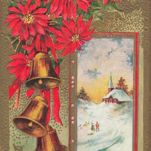 Carte postale de voeux de Noël, scène d'hiver avec église, poinsettias, cloches, dos divisé en relief, signée par l'artiste PM 1908