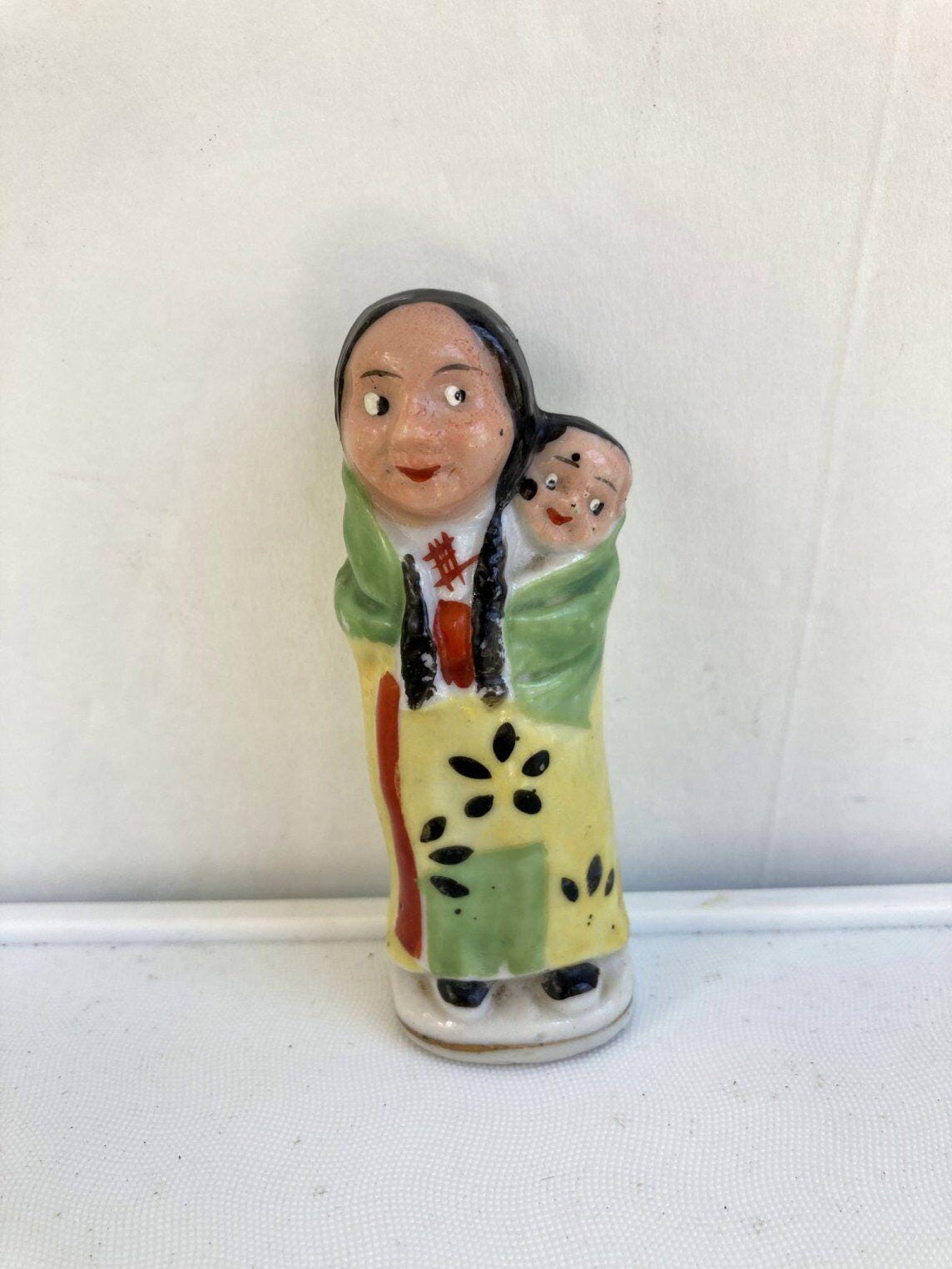 Native American Indian Ceramic Woman and Baby 3 1/2 In. Figurine