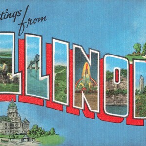 Grande carte postale de l'Illinois à plusieurs vues, vers les années 40
