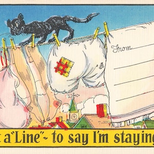 Chat comique sur la carte postale de la ligne de blanchisserie « Juste une « ligne » - pour dire que je reste ici Linge de maison sur les années 1940