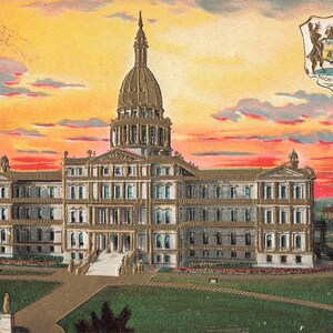 Lansing, Michigan carte postale vintage State Capitol Gold Trim Embossed Postmark 1910