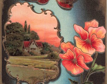 Birthday Greetings Postcard Landscape with Birds and Flowers Gold Trim About 1913
