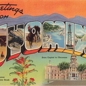 Grande carte postale du Wyoming à plusieurs vues, vers les années 40