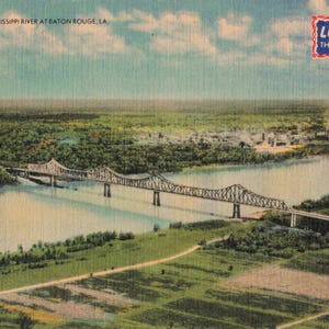 Bâton Rouge, Louisiane Carte postale Pont au-dessus du Mississippi Linge de maison c années 40