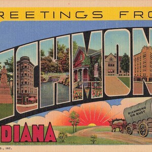 Carte postale de Richmond, Indiana, grande lettre, multi-vues vers les années 40