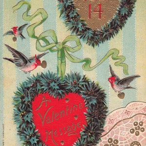Carte postale de la Saint-Valentin Coeurs de pin, oiseaux bleus, ruban et dentelle en relief Cachet de la poste 1913