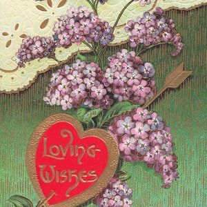 Carte postale Saint-Valentin coeur lilas et dentelle en relief or vers 1911