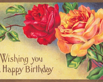 Birthday Greetings Postcard Roses Embossed Gold Border Postmark 1908