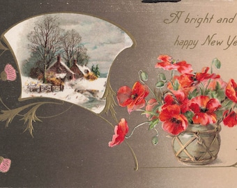 Happy New Year Postcard Winter Scene and Pot of Flowers  Postmarked 1908