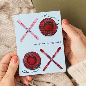 XOXO Card Valentine&#39;s Day Card | Watercolor Apres Ski Tube Winter Love Pun Art | Ski Lover Card for Valentine&#39;s Day for Him Her