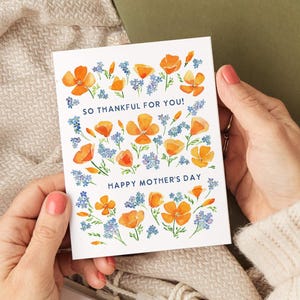 Happy Mother's Day Card | So Thankful for Mom Wildflowers Poppies | Sweet Watercolor Affirmation mothers day from son, daughter
