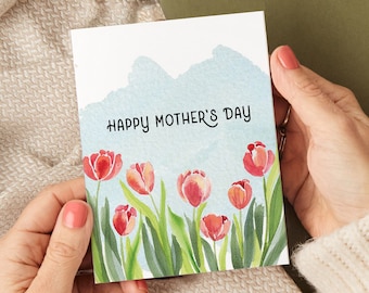 Pink Spring Tulips Happy Mothers Day Greeting Card | Handmade Watercolor Mother's Day Card | Pretty Modern Greeting Card for Mom