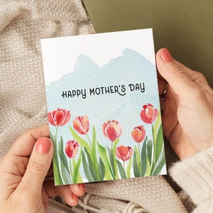 Pink Spring Tulips Happy Mothers Day Greeting Card | Handmade Watercolor Mother's Day Card | Pretty Modern Greeting Card for Mom