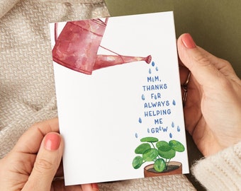 Thanks for Helping Me Grow Greeting Card for Mom | Handmade Watercolor Birthday or Thank You Card | Nurturing, Sweet Greeting Card for Mom