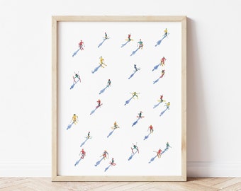 Art mural mini skieur | Impression ski minimaliste aquarelle | Décoration murale esthétique après-ski | Décoration de pavillon moderne | Cadeau d'art pour cabine abordable