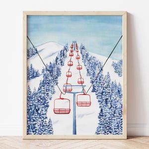 Impresión artística de esquí en silla roja / Escena de telesilla de invierno nevado, inspirada en Mt. Bachelor, póster de decoración de albergue de après ski, arte de pared de estación de esquí vintage