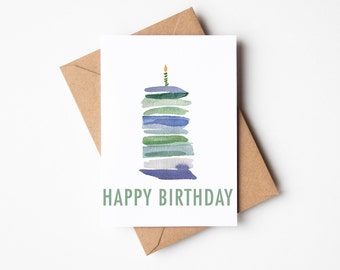 Watercolor Blue Cake Happy Birthday Greeting Card | Blank Interior