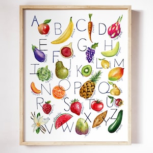 Tabella con alfabeto arcobaleno, frutta e verdura / Poster ABC per la scuola materna / Arte murale con acquerello per la cameretta dei bambini / Decorazioni per aule e Montessori