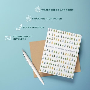 Mighty Pine Birthday Card | Outdoor Pun Card | Watercolor Trees Outdoorsy Birthday Card for Him, Her, Friend, Hiker, Camp and Nature Lovers