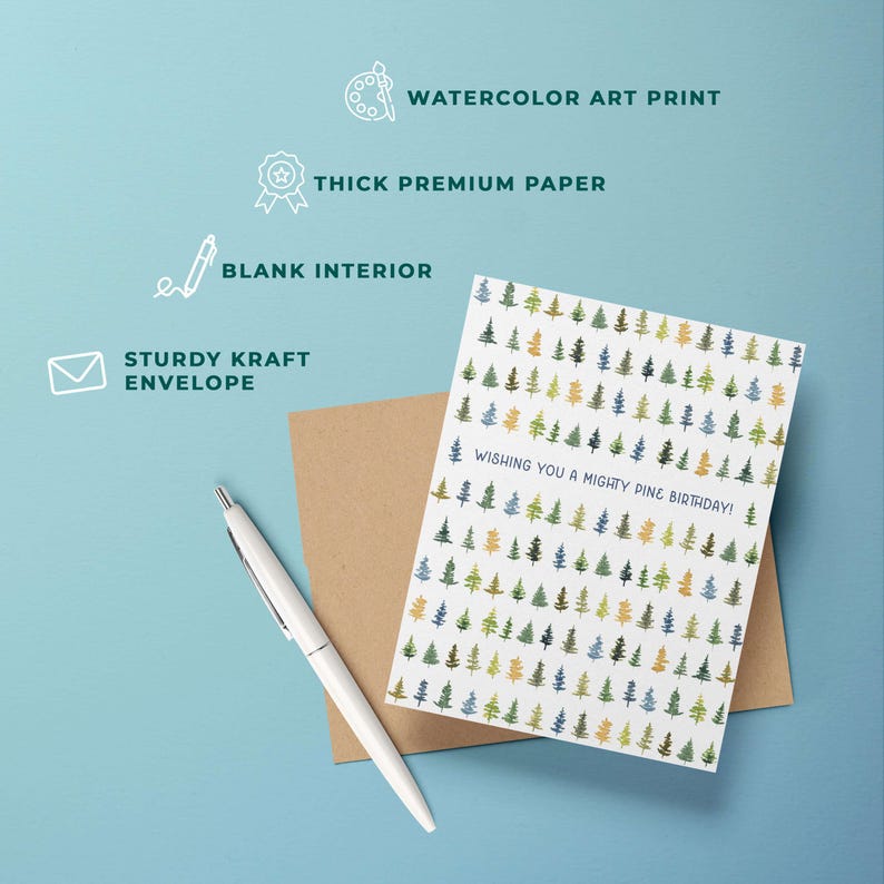 Mighty Pine Birthday Card | Outdoor Pun Card | Watercolor Trees Outdoorsy Birthday Card for Him, Her, Friend, Hiker, Camp and Nature Lovers