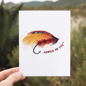 Hooked on You Fishing Card | Fly fishing Watercolor Anniversary Card for Husband | Fly Fishing Gifts | Valentine&#39;s Day Card for Him