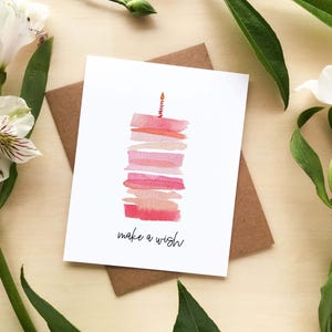 Make a Wish Birthday Card | Cute Pink Birthday Card for Her, Daughter, Kids | Watercolor Art Greeting Card