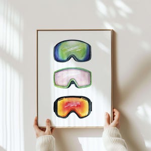 Könnte beinhalten: Drei Aquarell-Illustrationen von Skibrillen. Das obere Paar ist grün und blau, das mittlere Paar ist rosa und grün, und das untere Paar ist orange und rot.