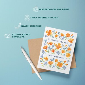 Happy Mother's Day Card | So Thankful for Mom Wildflowers Poppies | Sweet Watercolor Affirmation mothers day from son, daughter