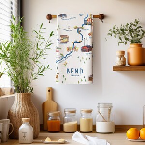Bend Oregon Map Tea Towel Illustrated | Bend Oregon Souvenir Kitchen Linen | New Home Gift for Bend Or Resident