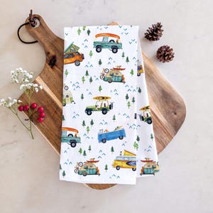 Camping Adventure Tea Towel | 100% Cotton Kitchen Towel Watercolor Artwork | Camper Trucks Print For Adventure Lovers & Outdoorsy Homes