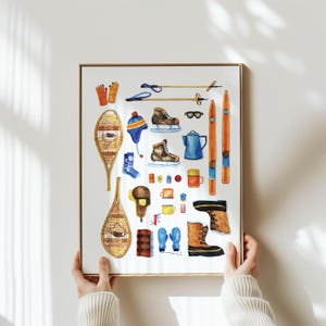 Scandinavian Modern Winter Decor | Nordic Vintage Skiing and Snowshoe Art Print | Cozy Hygge Scandi Wall Art for Mountain Rustic Interiors