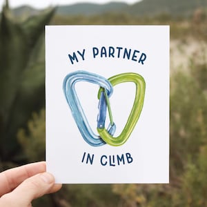 Rock Climbing Card for Him | My Partner in Climb Outdoor Pun Carabiner Card | Watercolor Love Card for Anniversary, Valentine&#39;s Day Birthday