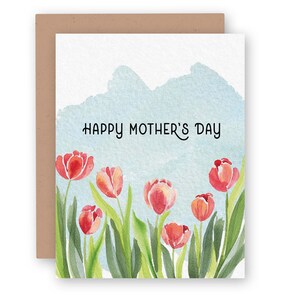 Pink Spring Tulips Happy Mothers Day Greeting Card | Handmade Watercolor Mother's Day Card | Pretty Modern Greeting Card for Mom