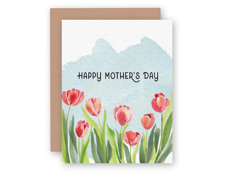 Pink Spring Tulips Happy Mothers Day Greeting Card | Handmade Watercolor Mother's Day Card | Pretty Modern Greeting Card for Mom