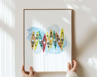 Acuarela de kayak / Decoración de pared colorida con temática al aire libre / Lámina artística para casa de lago