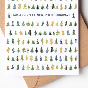 Mighty Pine Birthday Card | Outdoor Pun Card | Watercolor Trees Outdoorsy Birthday Card for Him, Her, Friend, Hiker, Camp and Nature Lovers