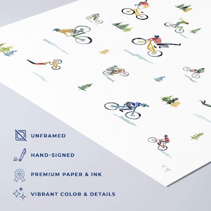 Mini Mountain Bikers Watercolor Illustration | Minimalist Watercolor Art Print | Mountain Bike Wall Decor for Boy Room or Man Cave