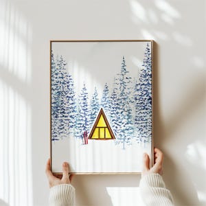 Modern Mountain Art | Cabin Affordable Art | Winter Aframe Snowy Trees Watercolor Scandi Cabin Art Print | Scandinavian Woodsy Home Decor