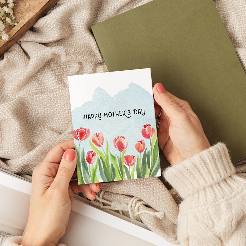 Pink Spring Tulips Happy Mothers Day Greeting Card | Handmade Watercolor Mother's Day Card | Pretty Modern Greeting Card for Mom
