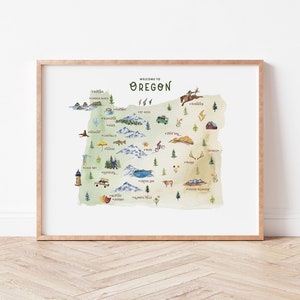 Kunstdruk kaart staat Oregon | Met aquarel geïllustreerde poster Oregon | Avontuurlijk woondecoratie voor reisliefhebbers en Pacific Northwest-fans