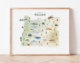 Oregon State Adventure Map | Watercolor Illustration