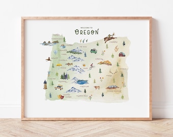 Carte de l'état de l'Oregon, impression d'art | aquarelle illustrée de l'Oregon | Décoration d'intérieur aventure pour les amateurs de voyage et les fans du nord-ouest du Pacifique