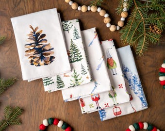 Christmas Tea Towels - Gnome Pinecone and Ski Designs | Holiday Cotton Dish Towels | Festive Kitchen Decor and Christmas Gift for Friend