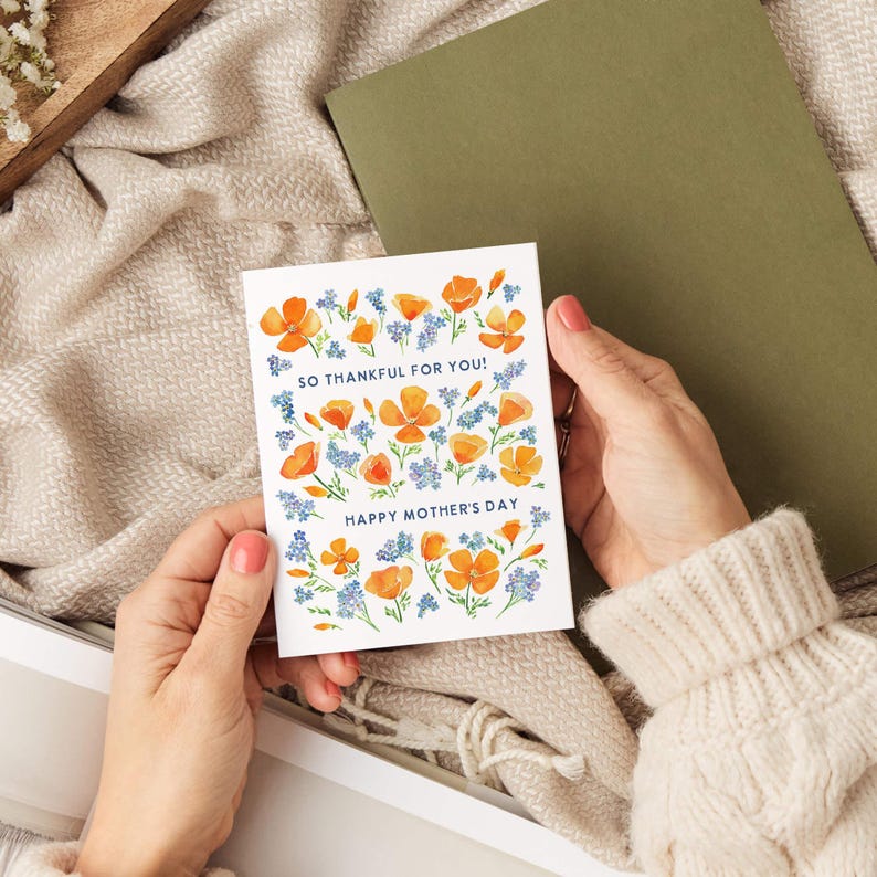 Happy Mother's Day Card | So Thankful for Mom Wildflowers Poppies | Sweet Watercolor Affirmation mothers day from son, daughter