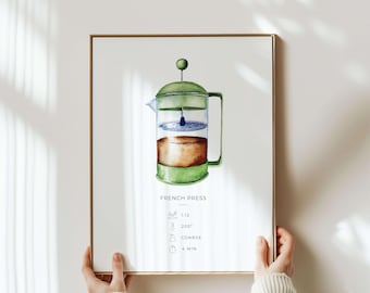 Impression d'art presse française | Décoration murale aquarelle guide de préparation de café pour cuisine ou café | Cadeau pour amateur de café, design minimaliste