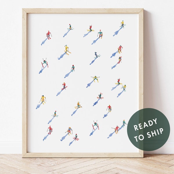 Vintage Alpine Skiers Watercolor Wall Art for Modern Cabins | Minimalist Wall Decor | Apres Ski Aesthetic Gifts for Ski Lovers